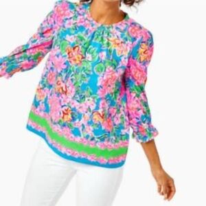 Lilly Pulitzer Pink and Blue Graphic Blouse with Mandarin Collar